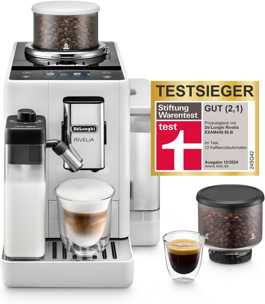 61mUj7YP0gL._AC_SL1500 De'Longhi Rivelia EXAM440.55.W Kaffeevollautomat, perfekter Milchschaum, wechselbarer Bohnenbehälter, 16 Kaffee- & Milchgetränke auf Knopfdruck, Extra-Shot-Funktion, 3,5" Touch-Display, Weiß