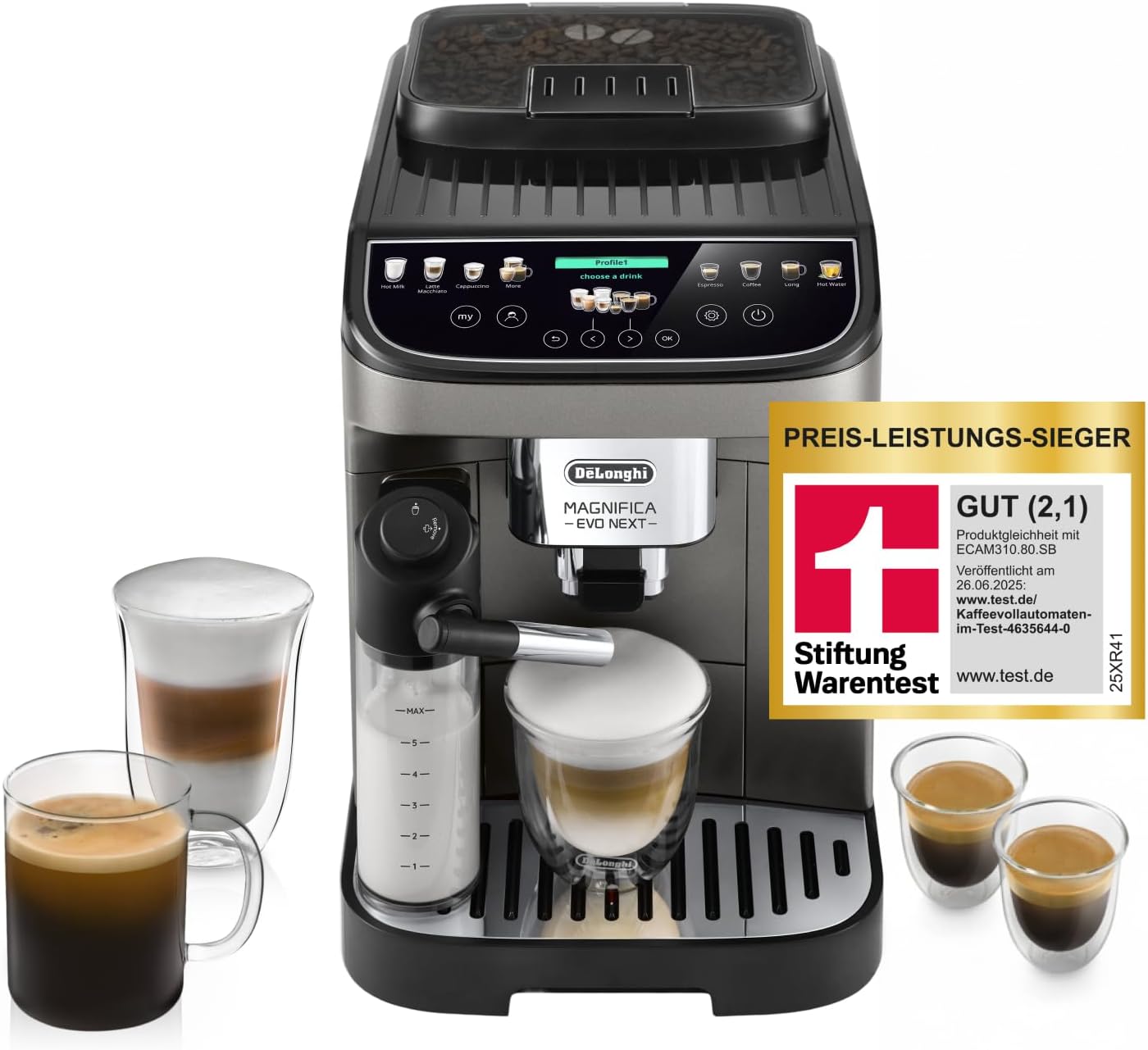 61uzL8kRTpL._AC_SL1500 De’Longhi Magnifica Evo Next - Perfetto Kaffeevollautomat mit LatteCrema-Milchaufschäumer, 13 One-Touch-Getränke, Coffee- und Cappuccino Kaffeemaschine, farbiges Touch-Display, Titan (ECAM312.80.TB)