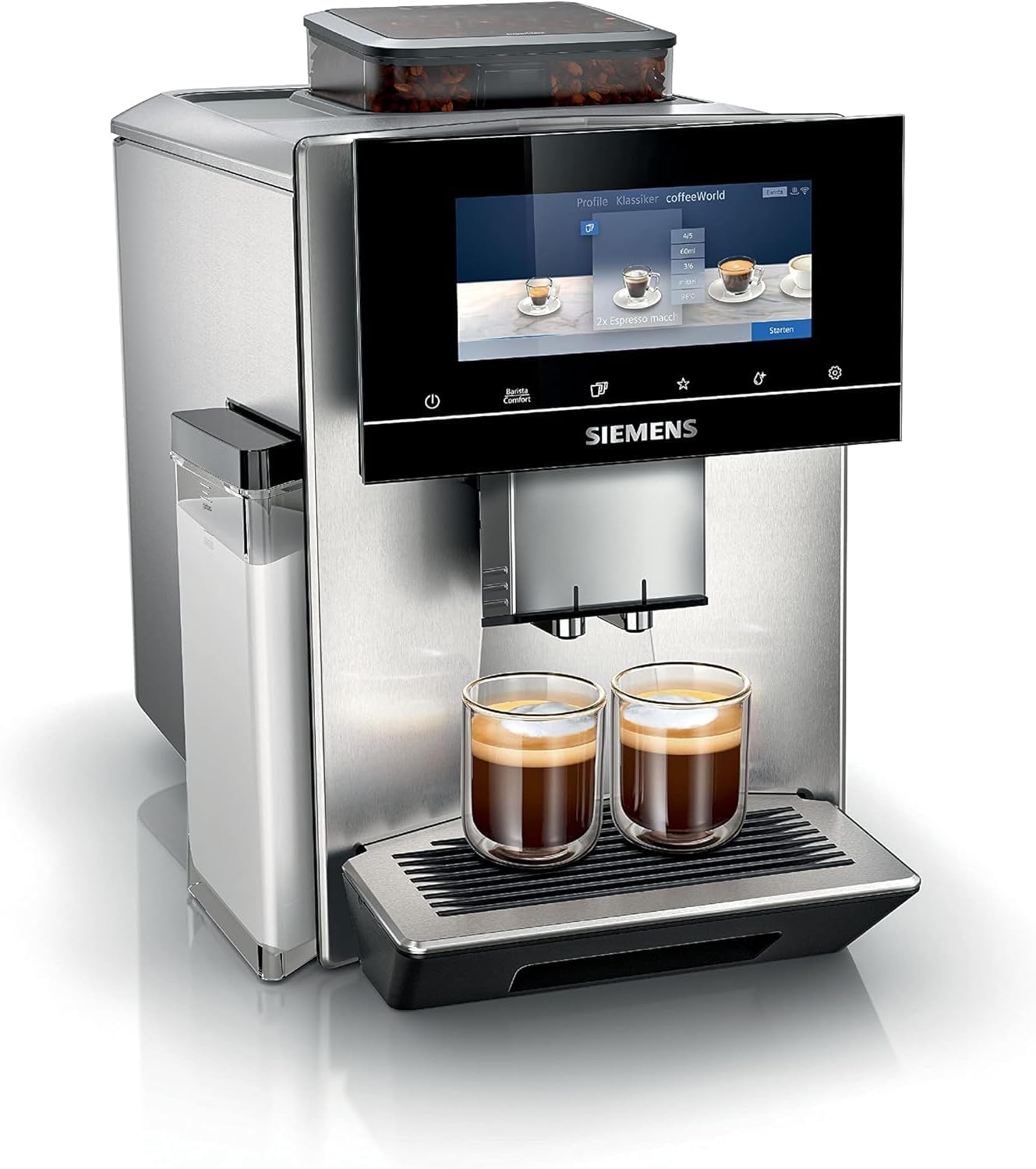 71XCKxdNQJL._AC_SL1500 Siemens Kaffeevollautomat EQ900, großes farbiges TFT-Display, 36 Heiß- und Kaltgetränke, Cold Brew, super leise, Keramikmahlwerk, Doppeltassenfunktion, Steuerung per App, Edelstahl, TQ905D03
