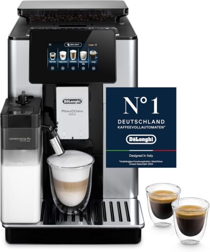 De’Longhi PrimaDonna Soul – Perfetto Kaffeevollautomat mit LatteCrema-Milchaufschäumer, 18 One-Touch-Getränke, Touch-Display, Silber-Schwarz (ECAM612.55.SB)