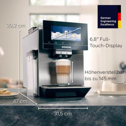 Siemens Kaffeevollautomat EQ900, großes farbiges TFT-Display, 36 Heiß- und Kaltgetränke, Cold Brew, super leise, Keramikmahlwerk, Doppeltassenfunktion, Steuerung per App, Edelstahl, TQ905D03